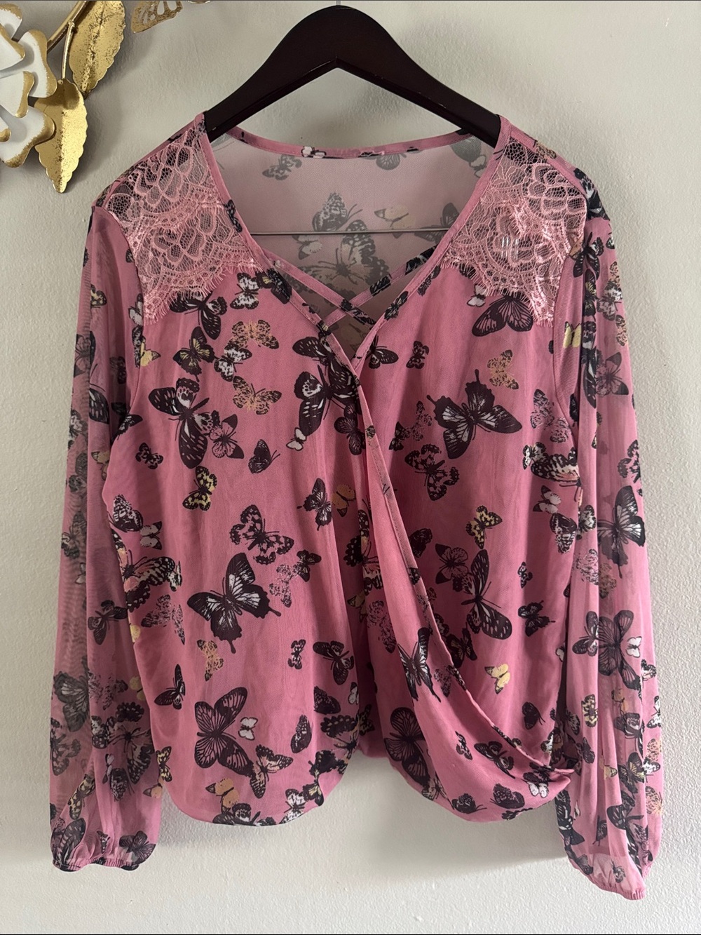 Women's Pink Butterfly Lace-Shoulder Blouse